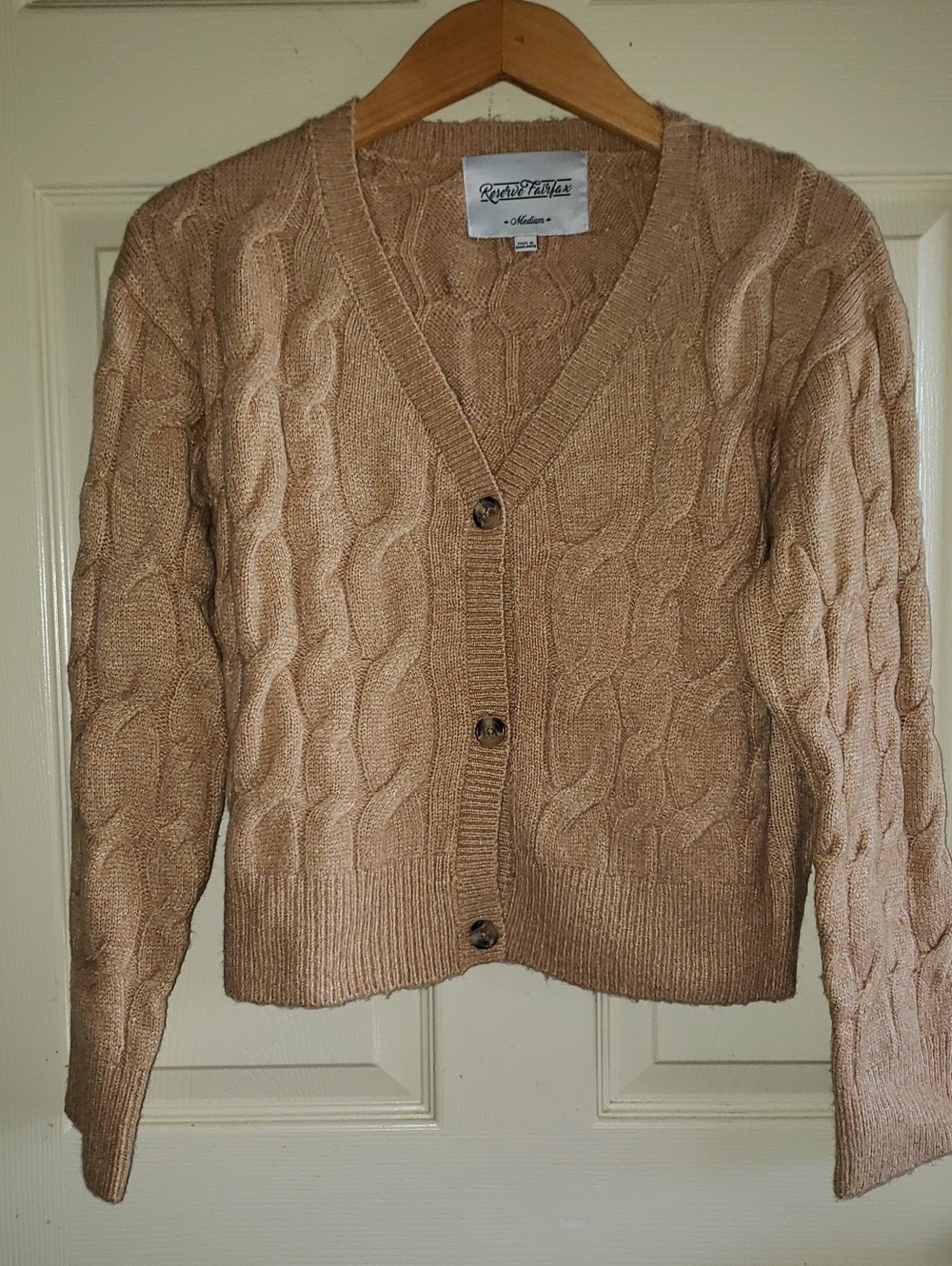 Reserve Fairfax Tan Cable-Knit V-Neck Button Cardigan